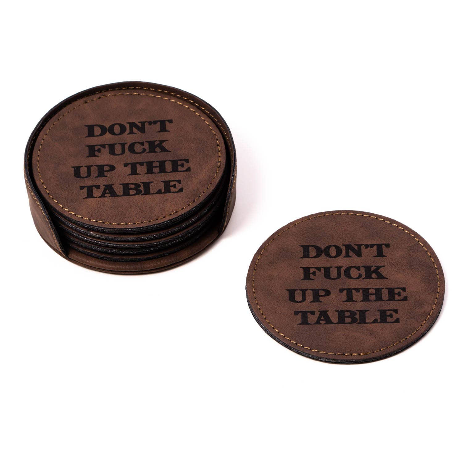 Rustic Brown Leatherette Coasters - Set of 6 w/ Holder