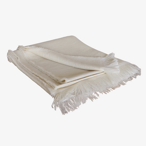 Cream colored wool throw blanket.