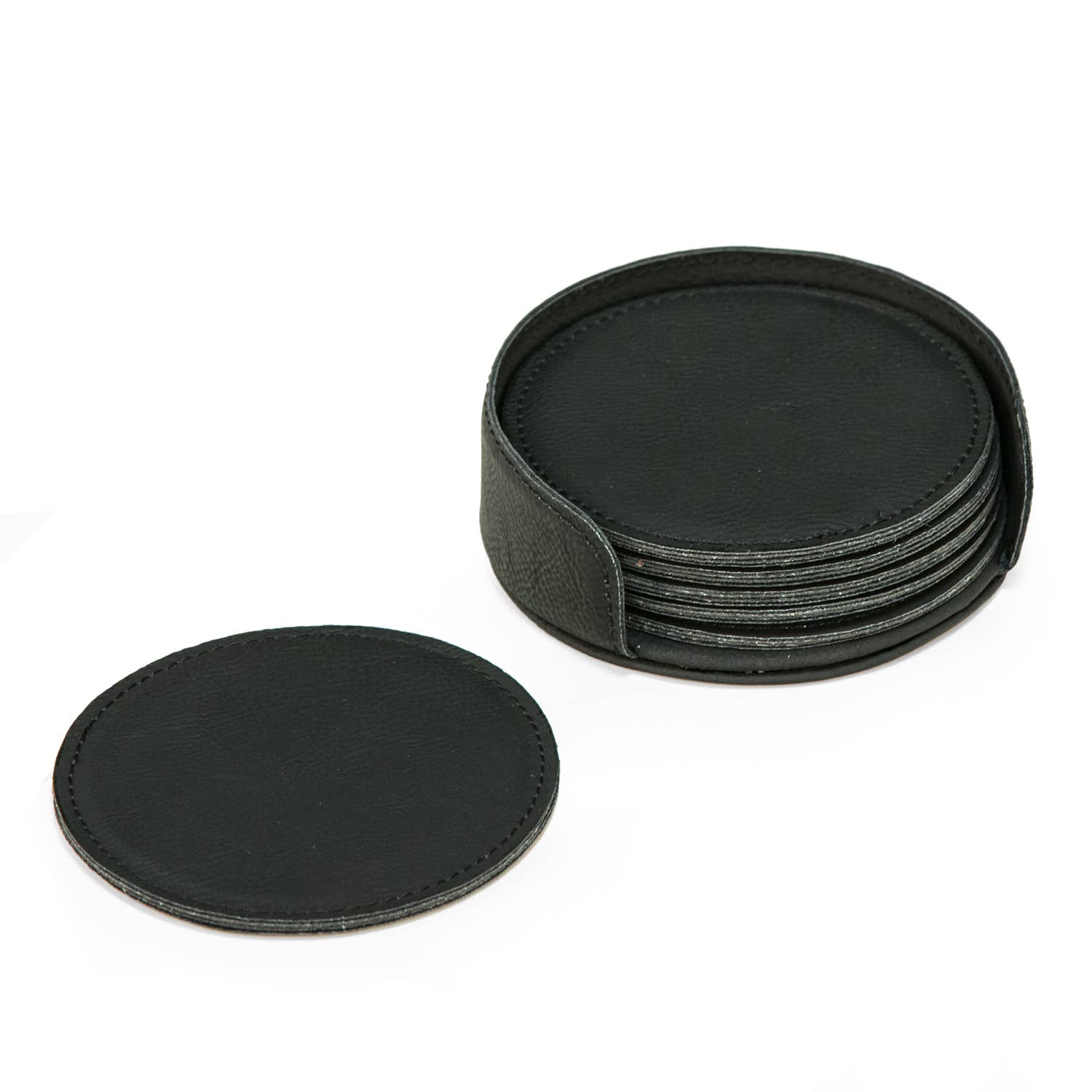 Black Leatherette Coasters - Set of 6 w/ Holder