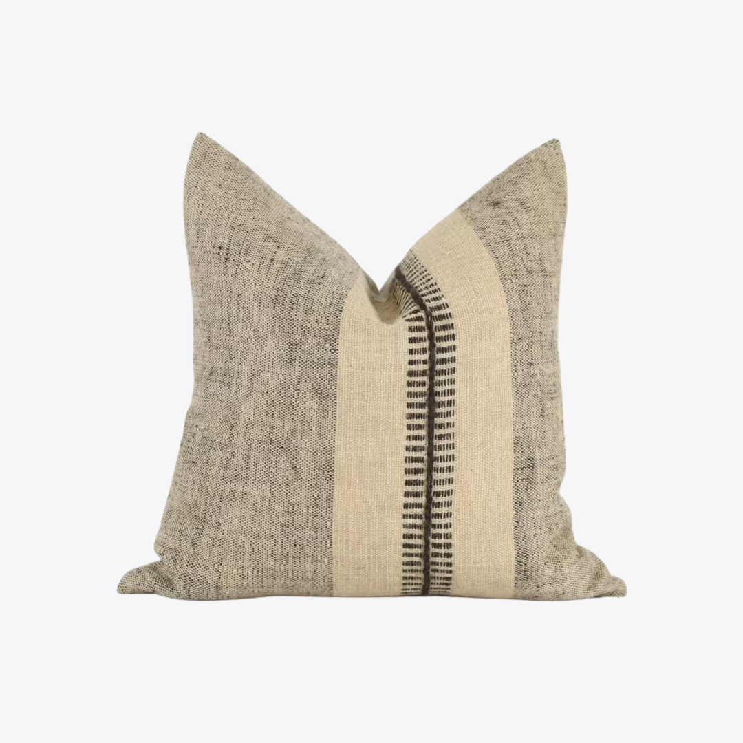 Pillow with two tone beige, one light one dark, with Dark Brown almost Black woven details