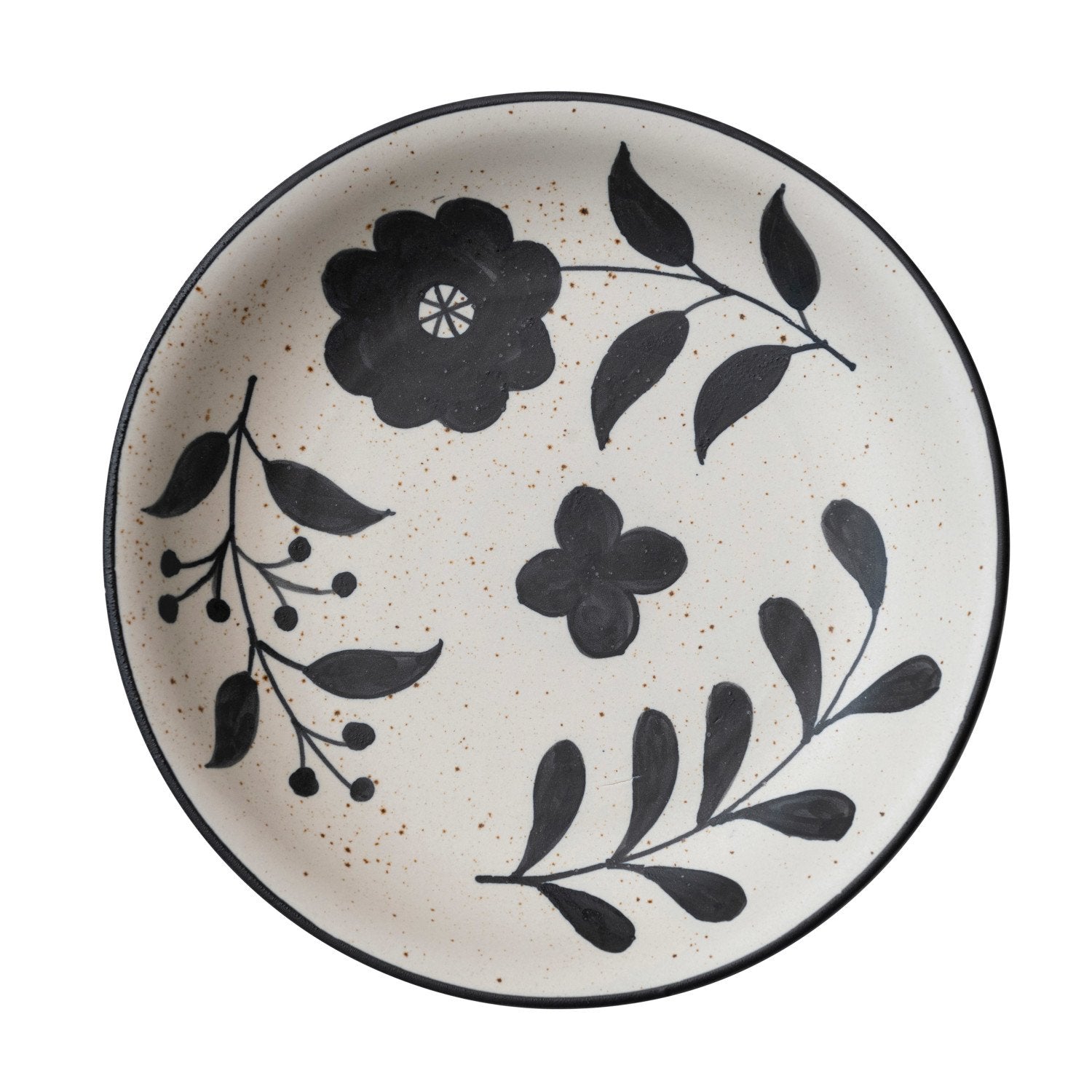 Hand-Painted Speckled Stoneware Bowl with Floral Design